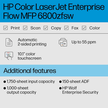 HP Color LaserJet Enterprise Flow 6800zfsw MFP – 55ppm Colour MFP with Flow Technology & 3x 550-Sheet Trays (6QN37A)